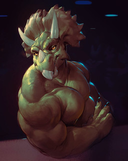anthro facial_horn glistening glistening_eyes green_body horn looking_at_viewer male male_anthro musclegut muscular muscular_anthro muscular_male nipples nose_horn nude pecs pupils slit_pupils solo white_horn yellow_eyes darkgem ceratopsian ceratopsid chasmosaurine dinosaur marginocephalian ornithischian prehistoric_species reptile scalie triceratops 2017