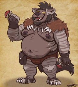 anthro belly big_belly clothed clothing facial_hair fingerless_gloves fungus fur gloves handwear male moobs mushroom navel nipples overweight overweight_anthro overweight_male partially_clothed solo striped_body striped_fur stripes text underwear nanoff charlie_(nanoff) gnoll hyena mammal 2025 artist_name colored dated digital_drawing_(artwork) digital_media_(artwork) full-length_portrait hi_res portrait