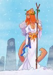 2023 anthro big_breasts bracelet breasts cleavage clothed clothing conditional_dnp dress druid felid feline female fog hair jewelry jollyjack magic_user mammal menhir red_hair sky snow snowing solo species_request staff standing_stone tribal_spellcaster winter winter_solstice