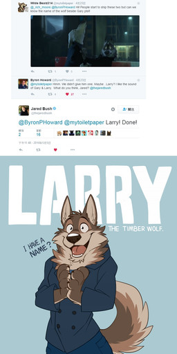 anthro bottomwear brown_body brown_fur brown_nose claws clothed clothing coat countershading dialogue_box footwear fully_clothed fur jacket male open_mouth pants shirt smile solo teeth text toe_claws tongue topwear user_avatar takemoto_arashi disney twitter zootopia gary_(zootopia) larry_(zootopia) canid canine canis mammal wolf english_text hi_res