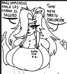 angry anthro apron apron_only big_breasts breasts clothing eye_bags female looking_at_viewer one_eye_obstructed pointing_behind solo speech_bubble text hurner yan_(charliecorvinus) bear mammal spanish_text translated