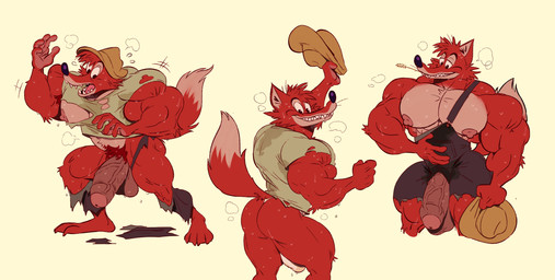 4_toes 5_fingers anthro armpit_hair balls biceps big_muscles big_nipples big_penis biped black_eyes black_nose bodily_fluids body_hair bottomless butt clothed clothing crotch_tuft feet fingers foreskin fur genitals half-closed_eyes huge_muscles humanoid_genitalia humanoid_penis male musclegut muscular muscular_anthro muscular_male narrowed_eyes nipples open_mouth orange_body orange_fur pecs penis penis_poking_out penis_through_fly pink_nipples pink_tongue pubes saggy_balls sharp_teeth simple_background smile solo standing sweat teeth thick_penis toes tongue torn_clothing tuft unsigned vein veiny_penis white_background white_body white_fur mezcal_(artist) disney song_of_the_south br'er_fox canid canine fox mammal 2019 hi_res