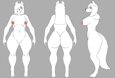 anthro big_breasts big_butt biped blue_eyes breasts butt face_mask_only female front_view fur genitals mask nude rear_view side_view solo standing thick_thighs tired_eyes vulva white_body white_fur silver_judah_(artist) cherry_blossom_(silver_judah) arctic_wolf canid canine canis mammal wolf absurd_res hi_res model_sheet