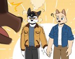 anjing_kampuss anthro biped blue_eyes blush canid canine canis clothed clothing domestic_dog embarrassed eyebrows fingers grey_(anjing_kampuss) group hand_holding hi_res inner_ear_fluff joseph_(anjing_kampuss) male mammal open_mouth question_mark tongue trio tuft