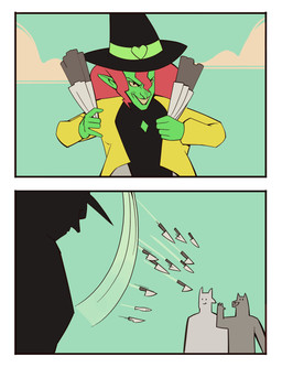 ambiguous_gender anthro attempted_murder black_clothing black_hat black_headwear closed_smile clothed clothed_humanoid clothing cloud day dot_eyes evil_grin front_view fully_clothed fully_clothed_humanoid furrowed_eyebrows gesture green_body green_clothing green_hat green_headwear green_skin group hair hat headgear headwear holding_knife holding_object humanoid_pointy_ears knife lips looking_at_viewer mouth_closed outside pointy_ears red_hair silhouette simple_eyes sky small_comic smile snout throwing_knife toothy_grin topwear trio waving witch_hat yellow_clothing yellow_topwear bonnymama7 jojo's_bizarre_adventure dio_brando elphaba_(bonnymama7) humanoid 2025 absurd_res comic digital_drawing_(artwork) digital_media_(artwork) flat_colors half-length_portrait hi_res portrait female_(lore)