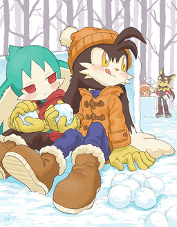 anthro black_body black_fur blush boots clothing coat female footwear fur gloves green_body green_fur group handwear kemono looking_back male male/male outside red_clothing red_eyes red_footwear red_shoes red_sneakers shoes sneakers snowball_fight tongue tongue_out topwear winter yellow_clothing yellow_eyes yellow_gloves yellow_handwear young young_anthro young_male amber_graygamma bandai_namco klonoa_(series) guntz king_of_sorrow klonoa lolo_(klonoa) 2023