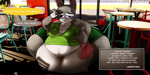 anthro belly belly_overhang big_belly big_butt black_eyebrows bottomwear breasts buckteeth butt chair clothing deep_navel eyebrows female furniture green_bottomwear green_clothing green_shirt green_shorts green_topwear grey_body grey_ears huge_belly huge_butt hyper hyper_belly hyper_butt inside morbidly_obese morbidly_obese_anthro morbidly_obese_female multicolored_body navel obese obese_anthro obese_female open_mouth open_smile overweight overweight_anthro overweight_female pink_inner_ear pink_nose pink_tongue purple_eyes purse red_purse shirt shorts shortstack smile solo speech_bubble table talking_to_another teeth text tight_clothing tongue topwear two_tone_body white_body muldithekobold disney zootopia judy_hopps european_rabbit lagomorph leporid mammal oryctolagus rabbit 2025 2:1 colored digital_media_(artwork) english_text shaded