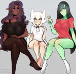 barefoot black_hair blue_eyes breasts clothed clothing dark_body dark_skin eyelashes feet female footwear freckles gesture green_body green_skin group hair hair_over_eye hand_gesture humanoid_feet humanoid_pointy_ears legwear lips long_hair looking_at_viewer one_eye_obstructed plantigrade pointy_ears purple_eyes shirt simple_background sitting socks stockings topwear v_sign white_hair yellow_eyes scas juno_(bard-bot) nina_(scas) vanessa_(liveforthefunk) animal_humanoid elf humanoid