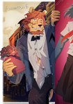 bouquet bow_tie box clock clothing container eyewear flower gift gift_box gift_wrapped glasses hair holidays jacket male mane messy_clothing messy_fur messy_hair plant smile solo sparkles tied_hair tired topwear watch animation_5 valentine's_day felid humanoid lion mammal pantherine hi_res