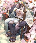 5_fingers anthro biped black_nose cherry_blossom cherry_tree chest_scar claws clothed clothing eyebrows fingers flower fruit_tree humanoid_hands male muscular muscular_anthro muscular_male muscular_thighs nipples plant prunus_(flower) scar thick_eyebrows tree white_eyebrows wooden_sword moodraw sdorica yao_(sdorica) felid mammal pantherine tiger 2025 absurd_res colored hi_res