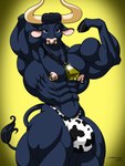 abs anthro blue_eyes bulge clothing cowbell facial_piercing hoofed_hands horn looking_at_viewer male muscular muscular_male nipple_piercing nipple_ring nipples nose_piercing nose_ring pecs piercing pink_nipples pink_nose pose ring_piercing solo thong underwear wolfdan86 bovid bovine cattle mammal 2019 3:4 hi_res