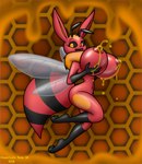 antennae_(anatomy) anthro big_breasts black_sclera bodily_fluids breasts female food honey_(food) honey_drip honey_on_breasts honey_on_nipples honeycomb honeycomb_background huge_breasts lactating lactating_honey looking_at_viewer membrane_(anatomy) membranous_wings navel nude solo thorax unusual_bodily_fluids unusual_lactation wings chameloshi nintendo pokemon arthropod bee eevee generation_1_pokemon hybrid hymenopteran insect pokemon_(species) hi_res