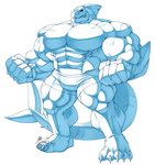 abs anthro biceps blue_body bottomwear clothing fin male markings muscular muscular_anthro muscular_male nails pecs pose pupils shark_tail shorts solo teeth yongdasom lyga fish marine shark hi_res