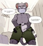 anthro bulge clothed clothing detailed_bulge face_mask genital_outline male pecs penis_outline sideways-pointing_bulge solo text tight_clothing topless underwear unzipped unzipped_pants zipper latotabo gelato_(latotabo) mammal murid murine rat rodent english_text