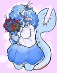 anthro blue_body blue_eyes blue_hair bottomwear bouquet breasts clothing ear_piercing female hair hi_res neck_fin piercing skirt spiked_tail spikes spikes_(anatomy) tail thick_thighs wide_hips