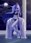 anthro blue_body blue_hair blue_skin blush bra breasts clothing cloud collarbone eyelashes female full_moon green_eyes hair half-closed_eyes long_hair moon narrowed_eyes navel night panties solo standing underwear water howxu friendship_is_magic hasbro my_little_pony princess_luna_(mlp) equid equine mammal hi_res