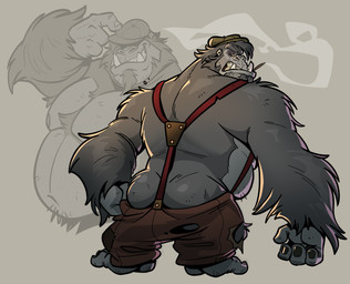 anthro back_muscles barazoku barefoot beckoning beer_belly belly biceps big_belly big_butt big_muscles big_pecs body_hair bottomwear bottomwear_around_legs bottomwear_pull brown_bottomwear brown_clothing brown_pants butt chest_hair chest_tuft cigarette cigarette_in_mouth cigarette_smoke clothed clothing clothing_around_legs clothing_pull facial_hair fangs feet flat_cap fur gesture goatee green_clothing green_hat green_headwear grey_body grey_facial_hair grey_fur grey_goatee grey_hair grey_sideburns grin grinning_at_viewer hair hand_feet hat headgear headwear inviting inviting_to_sex inviting_viewer looking_at_viewer looking_back looking_back_at_viewer male manly musclegut muscular muscular_anthro muscular_arms muscular_male muscular_thighs nipples object_in_mouth offering_sex offering_to_viewer pants pants_around_legs pants_pull pecs presenting presenting_hindquarters rear_view red_suspenders sagging sagging_pants showing_off_muscles sideburns smile smiling_at_viewer smirk smirking_at_viewer smoke smoking smoking_cigarette solo suspenders teeth thick_arms thick_thighs topless topless_anthro topless_male torn_bottomwear torn_clothing torn_pants tough_guy tuft dead_stray_bear ape gorilla haplorhine mammal primate