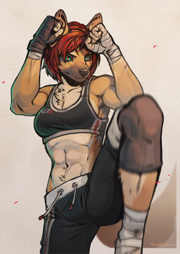 abs ankle_wraps anthro athletic_wear bottomwear bra chest_tuft clothing eye_scar facial_scar female fighting_pose fingerless_gloves fur gloves green_eyes gym_bottomwear gym_shorts hair hand_wraps handwear motion_blur muscular muscular_anthro muscular_female on_one_leg pose red_hair scar short_hair shorts solo sports_bra standing tan_body tan_fur text tuft underwear wraps cerbera bioware electronic_arts mass_effect canid mammal artist_name digital_media_(artwork) hi_res
