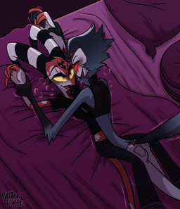 4_eyes 4_fingers anthro beak bed bed_covers bedding bedroom_eyes black_beak bottomwear breath canon_couple cellphone clothing crop_top dominant duo electronics eye_contact eyebrows feather_hair feathers fingers forehead_mark furniture glowing glowing_eyes grey_body grey_feathers grinding half-closed_eyes hand_holding heart_(marking) holding_object holding_phone horn humanoid_on_anthro imminent_sex inside larger_dom looking_at_another lying male male/male markings multi_eye multicolored_body narrowed_eyes on_back on_bed on_top open_mouth panting pants phone pillow pseudo_hair pupils red_body red_eyes red_sclera seductive sharp_teeth shirt size_difference sleeveless_topwear slit_pupils smartphone striped_horn stripes tail tail_feathers teeth text tongue topwear yellow_sclera yellow_teeth glitterkoneko hellaverse helluva_boss blitzo_(helluva_boss) stolas_(helluva_boss) avian bird demon demon_humanoid horned_humanoid humanoid imp owl owl_demon artist_name hi_res watermark
