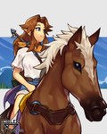 brown_hair clothed clothing duo eyebrows female feral hair humanoid_pointy_ears pointy_ears quadruped smile orlek cc-by-nc-nd creative_commons nintendo the_legend_of_zelda epona_(tloz) malon equid equine horse humanoid hylian mammal 2022 4:5 absurd_res hi_res