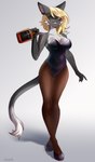 alcohol anthro beverage blonde_hair bodysuit breasts cat_tail cleavage clothed clothing female fluffy_shoulders footwear grey_background grey_body hair high_heels legwear shoes simple_background sketchy skinsuit solo stockings tight_clothing tights white_body murfa jack_daniel's carol_(vanrixie) felid feline mammal absurd_res guide_lines hi_res