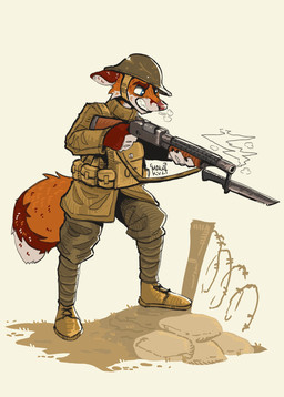anthro armor barbed_wire blue_eyes boots clothing combat_boots ears_down eyebrows footwear fur gun headgear helmet male military military_clothing military_helmet military_jacket military_pants military_uniform orange_body orange_fur pivoted_ears ranged_weapon red_body red_fur shoes smoke smoke_from_mouth smoke_from_nose smoking smoking_gun soldier solo tail teeth teeth_showing text text_on_clothing uniform warrior weapon white_body white_fur mawkvlt hi_res