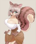 anthro big_breasts big_tail bottomwear breasts brown_body brown_bottomwear brown_clothing brown_fur brown_hair brown_skirt cleavage clothed clothing clothing_lift female fur green_eyes hair huge_breasts looking_at_viewer multicolored_body multicolored_fur open_mouth shirt simple_background skirt smile solo standing tail tan_body tan_fur teeth text thick_thighs topwear white_background white_clothing white_shirt white_topwear wide_hips fullpillow_(artist) mammal rodent sciurid tree_squirrel digital_media_(artwork) hi_res signature