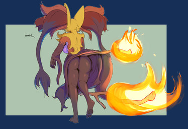 3_fingers 3_toes accident accidental_exposure anthro armpit_tuft big_breasts bottomwear breasts butt clothed clothing countershade_torso countershading dialogue feet female female_anthro fingers fire fur green_background hair inner_ear_fluff long_hair multicolored_body multicolored_fur oblivious one_leg_up orange_body orange_fur pawpads pointy_ears pseudo_clothing pseudo_hair purple_body purple_fur raised_bottomwear raised_clothing raised_leg raised_skirt rear_view red_body red_fur simple_background skirt solo standing stick text thick_thighs toes tuft wide_hips yellow_body yellow_fur wagooga nintendo pokemon pokemon_legends_z-a generation_9_pokemon mega_delphox mega_evolution pokemon_(species) 2026 absurd_res alpha_channel digital_media_(artwork) english_text hi_res