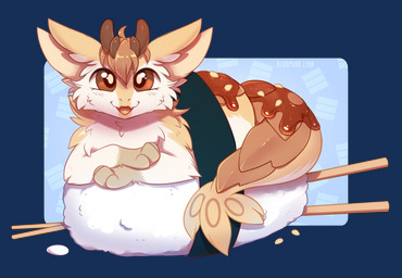 ambiguous_gender antlers brown_antlers brown_eyes feral food fur hair horn leg_markings looking_at_viewer markings micro open_mouth open_smile orange_body orange_fur orange_hair orange_tongue side_view smile socks_(marking) solo sushi tongue white_body white_fur bloominglynx mythology dragon furred_dragon furred_scalie mythological_creature mythological_scalie scalie alpha_channel full-length_portrait hi_res portrait