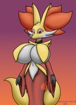 anthro big_breasts breast_curtains breasts chameloshi collar delphox female generation_6_pokemon half-closed_eyes hi_res huge_breasts looking_at_viewer narrowed_eyes navel nintendo pokemon pokemon_(species) solo