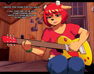 5_fingers anthro bed bottomwear breasts clock clothed clothing denim denim_bottomwear denim_clothing electric_guitar eyebrow_through_hair eyebrows female fingers fur furniture guitar guitar_pick hair horn inside jeans looking_down midriff motion_lines musical_instrument pants plucked_string_instrument red_hair shirt sitting solo string_instrument t-shirt tan_body tan_fur text topwear translucent translucent_hair watch demidoggo parappa_the_rapper sony_corporation sony_interactive_entertainment um_jammer_lammy lammy_lamb bovid caprine mammal sheep english_text hi_res