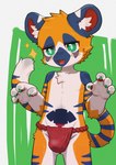 anthro asian_clothing blue_eyes chest_tuft clothed clothing east_asian_clothing fundoshi fundoshi_only fur green_eyes japanese_clothing male markings orange_body red_clothing red_fundoshi red_underwear simple_background solo striped_body striped_fur striped_markings stripes tail tail_markings topless tuft underwear underwear_only young young_anthro young_male ikiyok asian_mythology east_asian_mythology japanese_mythology mythology mammal yokai absurd_res hi_res