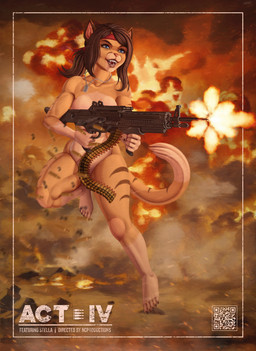 accessory action_pose ammunition anthro breasts brown_body brown_fur brown_hair convenient_censorship dog_tags explosion female fire fur gun hair headband holding_gun holding_object holding_ranged_weapon holding_rifle holding_weapon nude open_mouth pose qr_code ranged_weapon rifle shooting_gun smile solo tail text weapon ncproductions rambo stella_(ncproductions) domestic_cat felid feline felis mammal 2025 digital_media_(artwork) english_text hi_res