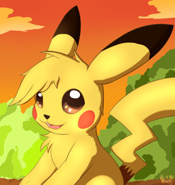 ambiguous_gender black_body black_fur black_nose brown_eyes cloud feral fur looking_at_viewer open_mouth outside plant sky solo sunset tongue tree yellow_body yellow_fur eraquis nintendo pokemon generation_1_pokemon mammal pikachu pokemon_(species) rodent 2015