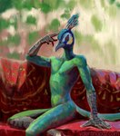 anthro blue_body blue_feathers detailed_background feathers green_body green_feathers looking_at_viewer male nude red_eyes scales sitting solo text valentinapaz avian bird galliform peafowl phasianid hi_res url watermark