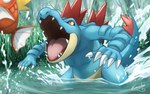 ambiguous_gender blue_body claws duo feral fin open_mouth orange_body orange_eyes snout splash splashing_water teeth throat tongue water kaichi_(artist) nintendo pokemon crocodilian feraligatr generation_1_pokemon generation_2_pokemon magikarp pokemon_(species) reptile scalie