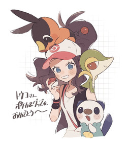 ambiguous_gender anthro black_eyes blue_body blue_eyes blue_fur blush blush_lines breasts brown_hair clothing eyelashes fangs female feral fur green_body group hair hat headgear headwear holding_object open_mouth orange_body pokeball red_eyes simple_background smile tail teeth text himetya105 nintendo pokemon hilda_(pokemon) generation_5_pokemon human mammal oshawott pokemon_(species) snivy suine tepig 2025 japanese_text translation_request