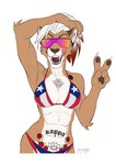 5_fingers abs anthro bikini breasts brown_body brown_fur claws cleavage clothed clothing eyewear fangs female finger_claws fingers flag_bikini front_view fur gesture hair hand_gesture hand_on_head highlights_(coloring) licking licking_lips muscular muscular_female navel pose puerto_rican_flag_bikini red_hair rose_tattoo simple_background solo sunglasses swimwear tattoo teeth tongue tongue_out two-piece_swimsuit v_sign white_background white_body white_fur white_hair multyashka-sweet ivy_(bronx23) cougar felid feline mammal digital_media_(artwork) half-length_portrait portrait