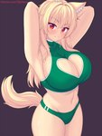 2024 3:4 animal_humanoid big_breasts blonde_hair blush bra breasts cleavage_cutout clothed clothing cutout diamond_pupils digital_media_(artwork) eyebrow_through_hair eyebrows eyelashes fastrunner2024 felid felid_humanoid female fluffy fluffy_tail fur green_bra green_clothing green_panties green_underwear hair hands_behind_head hi_res humanoid inner_ear_fluff keyhole_bra keyhole_clothing keyhole_underwear long_hair looking_at_viewer mammal mammal_humanoid midriff navel panties patreon portrait pupils red_eyes simple_background slight_blush slight_smile solo sports_bra sports_panties tail text three-quarter_portrait three-quarter_view tiffy_(fastrunner2024) translucent translucent_hair tuft underwear url white_sclera yellow_body yellow_fur yellow_tail