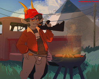 bottomless bottomless_male burger casual_chastity casual_exposure chastity_cage chastity_device cigar cigar_in_mouth clothed clothing cloud cutlery flat_chastity_cage flight_jacket food fork grass grass_field grill gun horn hot_dog kitchen_utensils m4a1 maga_hat male memphis_pyramid modern_architecture object_in_mouth plant ranged_weapon sky smoke smoking solo text tools truck utility_pole vehicle weapon cheetoeater conditional_dnp bass_pro_shops homestuck ms_paint_adventures zaptie_(cheetoeater) alien humanoid troll_(homestuck) 5:4 english_description english_text hi_res