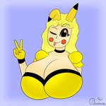 big_breasts breasts choker cleavage clothed clothing female gesture hand_gesture huge_breasts jewelry necklace one_eye_closed puffy_sleeves solo tongue tongue_out v_sign wink bumm21 nintendo pokemon mika_watson_(sturk-fontaine) generation_1_pokemon humanoid pikachu pokemon_(species) pokemon_humanoid 1:1 absurd_res bust_portrait hi_res portrait