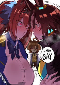 about_to_kiss ahoge animal_ears big_breasts blush blush_lines bodily_fluids breasts brown_hair clothed clothing dialogue eyelashes female green_eyes group hair huge_breasts red_eyes red_hair simple_background smile speech_bubble sweat tan_body tan_skin text trio twintails_(hairstyle) white_background kurenaiz1 cygames uma_musume_pretty_derby agnes_tachyon_(pretty_derby) daiwa_scarlet_(pretty_derby) vodka_(pretty_derby) animal_humanoid equid equid_humanoid equine equine_humanoid horse_humanoid humanoid mammal mammal_humanoid hi_res
