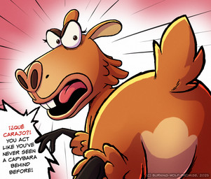angry brown_eyes buckteeth butt female feral presenting presenting_hindquarters raised_tail scut_tail short_tail simple_background solo speech_bubble tail teeth text toony flamewolf22 night_of_the_zoopocalypse frida_(night_of_the_zoopocalypse) capybara caviid mammal rodent english_text hi_res