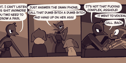 accessory angry annoyed anthro clothing clothing_pull dialogue female male necktie profanity scared vanilla_candy amelia_is_calling avian bird canid canine canis domestic_cat domestic_dog felid feline felis mammal comic hi_res restricted_palette