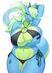 anthro big_breasts bikini bovid_horn breasts caprine_horn clothed clothing eyelashes female green_eyes green_hair hair horn huge_breasts inner_ear_fluff licking licking_lips long_hair looking_at_viewer multicolored_hair navel non-mammal_breasts non-mammal_navel pupils self_grope side-tie_bikini side-tie_swimwear slit_pupils smile solo string_bikini swimwear tail tail_tuft thick_thighs tongue tongue_out tuft two-piece_swimsuit under_boob yamame513 mythology campfire_(buttocher) dragon mythological_creature mythological_scalie reptile scalie wingless_dragon digital_media_(artwork) hi_res