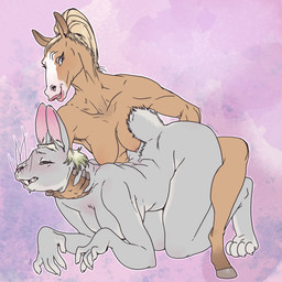 all_fours ambiguous_penetration anthro blonde_hair blue_eyes bodily_fluids breasts brown_body buckteeth collarbone drooling duo eyes_mostly_closed female female/female fingers fisting fur grey_body grey_fur grin hair hand_on_another's_neck hand_on_neck hooved_fingers hooves interspecies long_hair looking_at_another looking_at_partner narrowed_eyes nude penetration saliva short_hair smile tail teeth whiskers cockzilla equid equine horse lagomorph leporid mammal rabbit 1:1 2023 digital_drawing_(artwork) digital_media_(artwork) hi_res