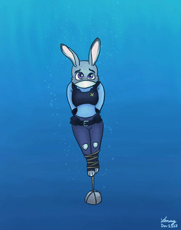 anthro asphyxiation bdsm bondage bound clothing drowning female fur grey_body grey_fur peril police police_officer police_uniform predicament solo underwater uniform water thisistalvi deviantart disney zootopia judy_hopps european_rabbit lagomorph leporid mammal oryctolagus rabbit