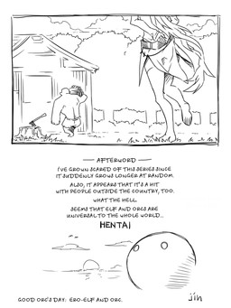 duo female male not_furry text jin_(mugenjin) elfxorc elf humanoid orc 3:4 comic english_text monochrome