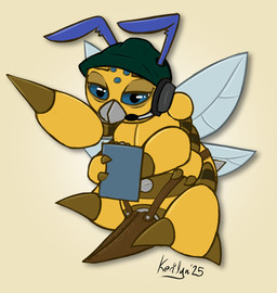 ambiguous_gender antennae_(anatomy) armor blue_eyes clipboard electronics feral hard_hat headgear headphones headset helmet insect_wings microphone multi_arm multi_limb simple_background stinger tired_eyes wings kerilyn bandai_namco digimon arthropod digimon_(species) fanbeemon insect 2025 hi_res