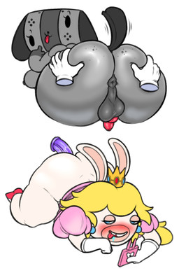 anal animal_genitalia animal_penis anthro anus backsack balls bedroom_eyes big_balls big_butt biped blonde_hair blue_eyes blush butt butt_squish clothing crown dildo duo ear_piercing female freckles genitals gloves gynomorph hair half-closed_eyes hand_on_butt handwear headgear intersex looking_at_viewer looking_back lying narrowed_eyes penis piercing seductive sex_toy shortstack shortstack_female shortstack_gynomorph shortstack_intersex simple_background solo_focus squish tongue tongue_out eccentricspider mario_bros mario_plus_rabbids_kingdom_battle nintendo nintendo_switch raving_rabbids rayman_(series) ubisoft rabbid_peach switch_dog canid canine lagomorph mammal rabbid absurd_res crossover hi_res multiple_images